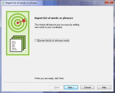 menu to import words