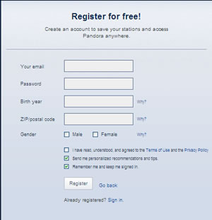 Pandora,s Registration  Window