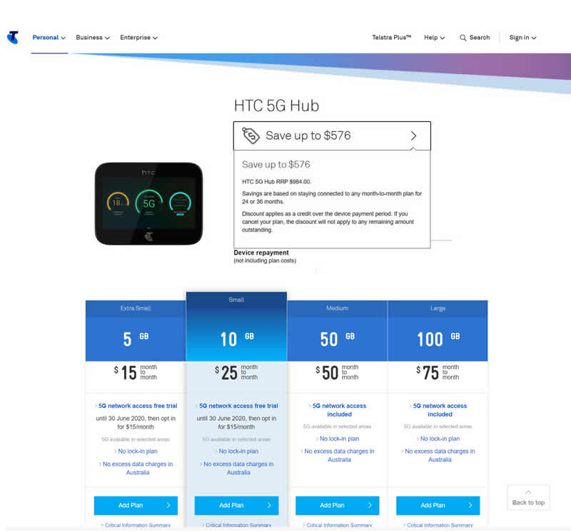 Telstra HTC Hub plans